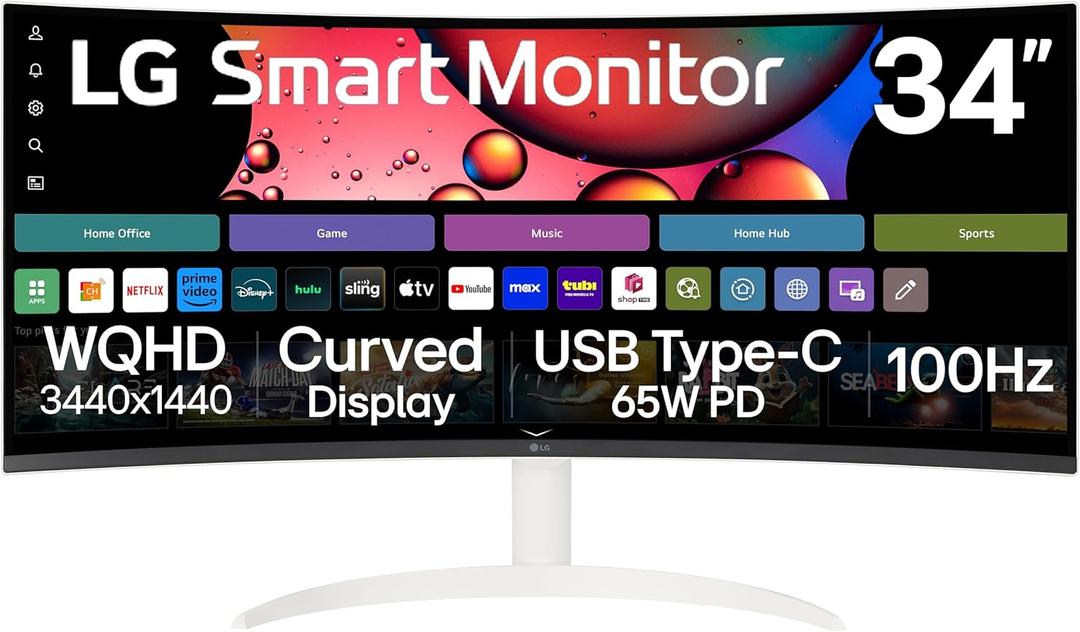 LG 34SR63QA-W 34 inch Smart Curved Monitor with Streaming TV, QHD 1440p, UltraWide Screen, USB Type-C 65W PD, 1800R, webOS, HDR10, 100Hz, Built-in Speaker, AirPlay2, Screen Share, Bluetooth, White