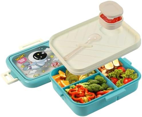 3 Compartments Bento Lunch Box, Leakproof Lunch Container with Spoon and Sauce Container for On-the-Go Meal, Reusable & BPA-free, Microwave & Dishwasher Safe, Blue