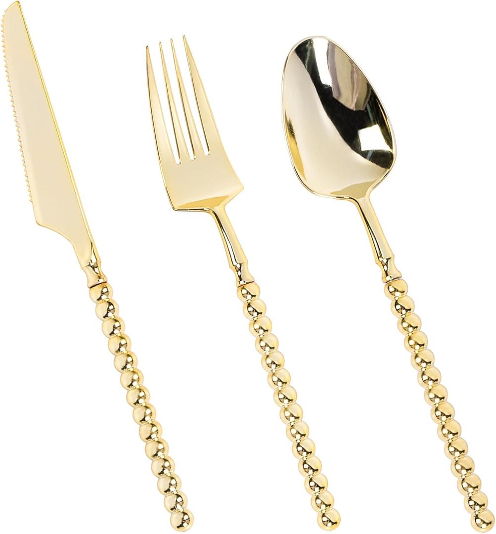 150PCS Gold Plastic Silverware, Heavy Duty utensils, Disposable Plastic Cutlery Silverware Include 50 Forks, 50 Knives, 50 Spoons for Party and Wedding, Gold Bead