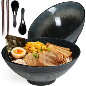 40 oz Ceramic Ramen Bowl Set of 2, Ramen Noodle Bowl with Spoons and Chopsticks 8 Inch Japanese Retro Style Large Soup, Pho, Udon Bowls, Microwave & Dishwasher Safe, Black