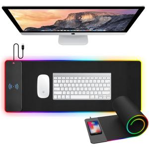 Large RGB Gaming Mouse Pad with 15W Wireless Charging - 10 Light Modes, Smooth Surface, Non-Slip Base - Ideal for Gaming, Office, and Home Use, Black