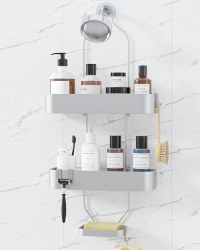 Kitsure Shower Caddy Hanging - No-Drill Bathroom Organizers and Storage, Wobble-Free Bathroom Shelves with Adhesive Tapes, Rust-Proof Shower Storage for Toiletries, Silver, 25.0" H