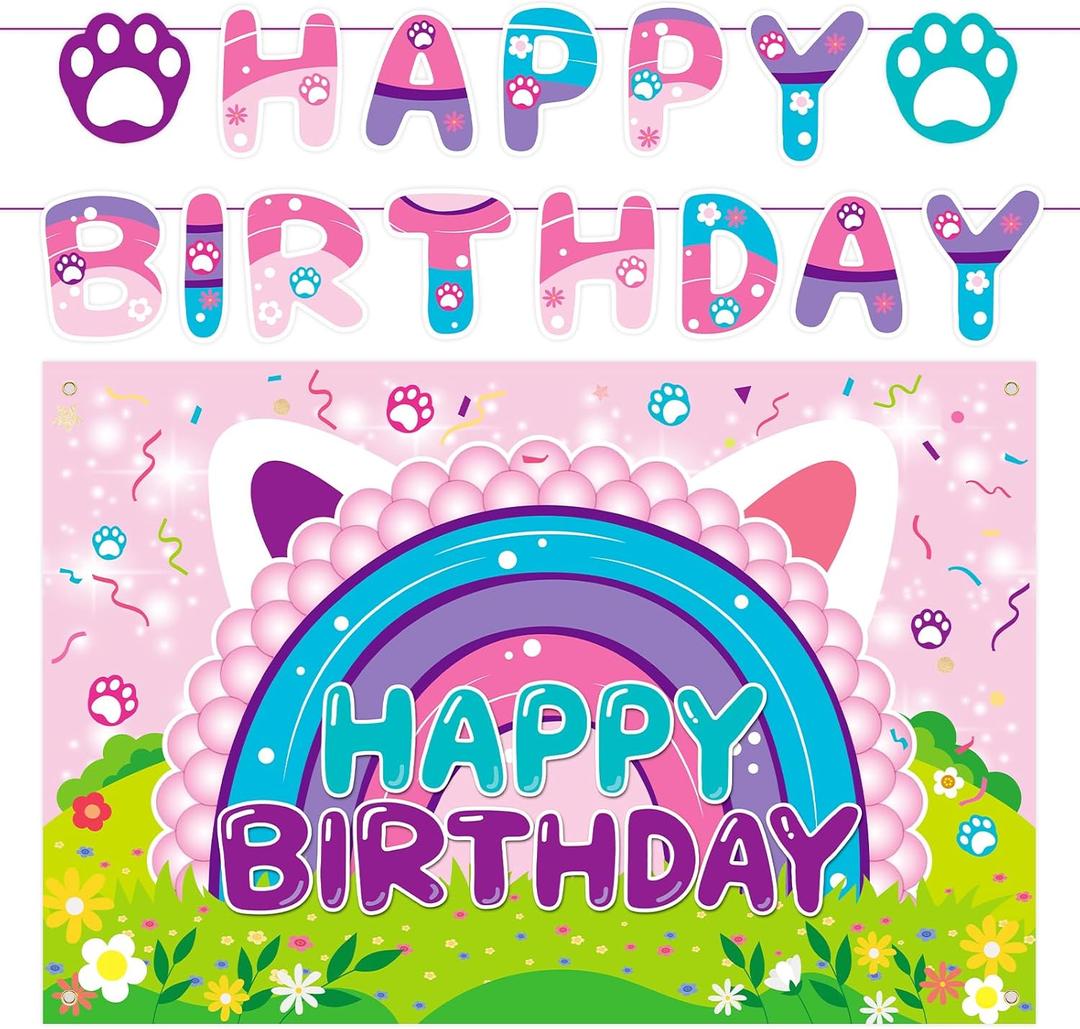 2Pcs Dollhouse Backdrop Party Decoration, 5 * 3ft Cat Photo Decor Banner for Girls Baby Shower Birthday Party Photography Background