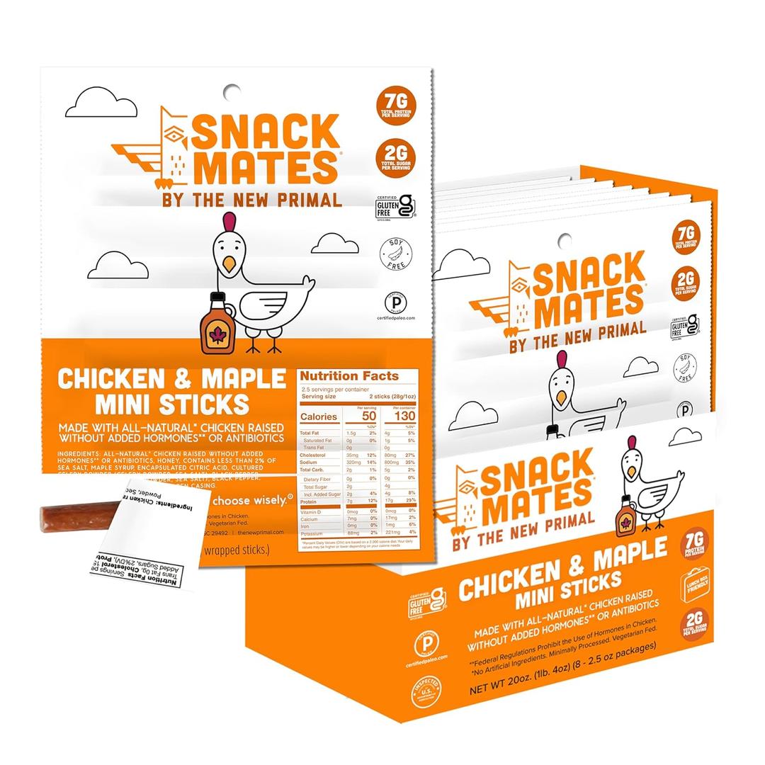 The New Primal Snack Mates Chicken & Maple Sticks, Gluten Free Healthy Snacks for Kids, Low Sugar High Protein Back to School Snacks, Mini Paleo Jerky Meat Stick, 7g Protein, 50 Calories, 40 Pack