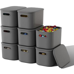 8 Pack Dark Grey Storage Bins with Lids Stackable Storage Container for Organizing, Storage Boxes with Handle for Shelves, Cute Organizer Bins for Craft, Snacks, 9.85x6.9x5.7 inch