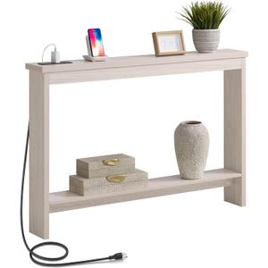 Console Table with Power Outlet and USB Port, 47" Long Behind Couch Table with Charging Station, Narrow Sofa Table for Entryway, Living Room, Foyer, Hallway, White Oak Grey, 47”W x 7”D x 32”H