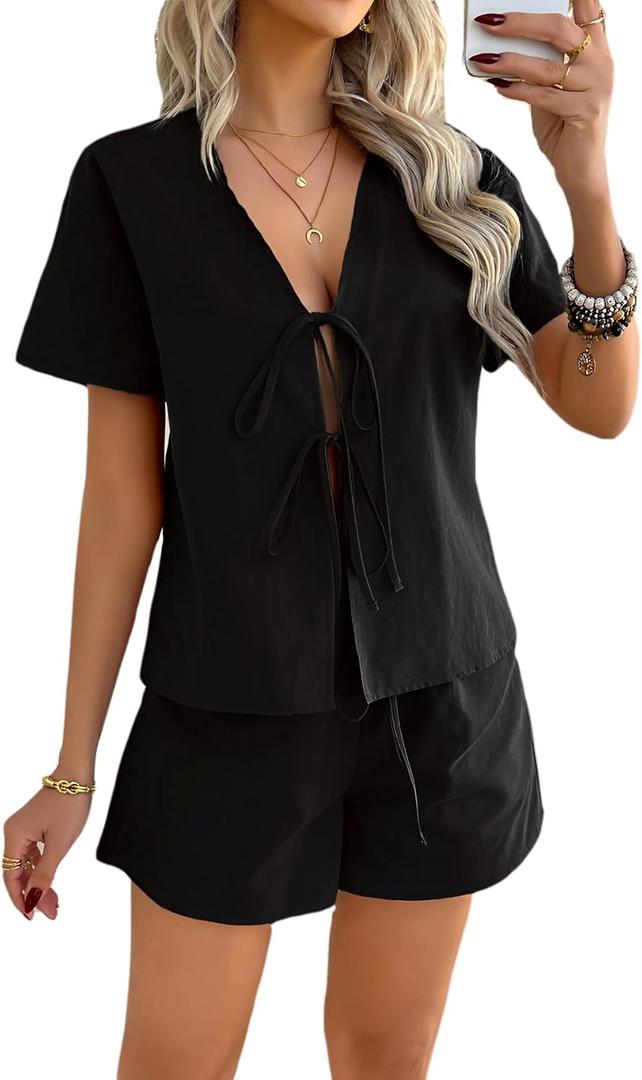 Women's Summer Short Sets Front Tie V Neck Shirt Tops Matching Casual Shorts 2 Piece Outfits Vacation Loungewear (Black, M)