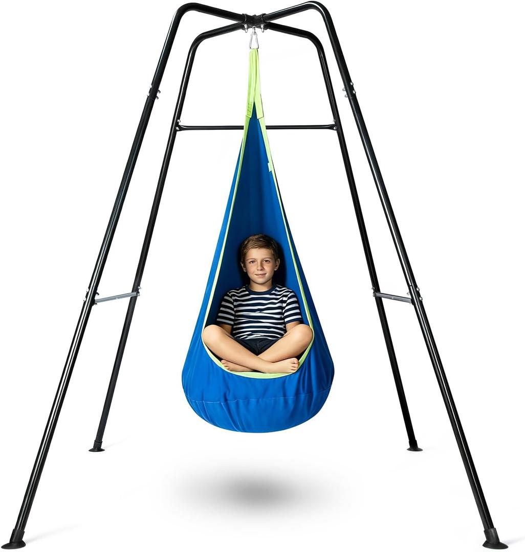 Swing Stand Frame with Sensory Pod Swings,Hammock Chair Swing for Kids,Heavy Duty Metal Swings Frame,Cotton Sensory Swing Chair for Kids Indoor and Outdoor 330LBS Blue