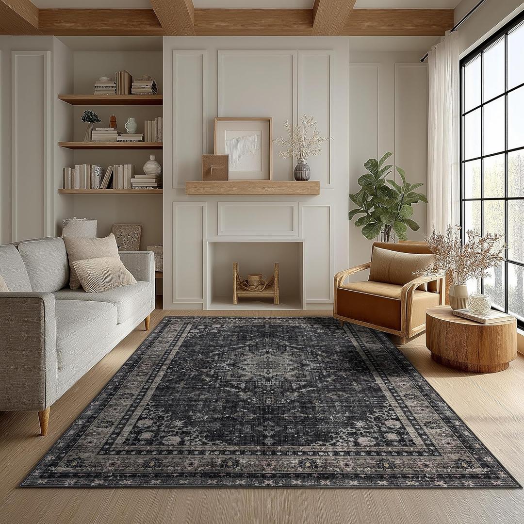 Area Rug for Bedroom Living Room, Washable Non-Slip Foldable Waterproof, Plush Soft for Office Dining Room Kids, Fluffy Easy to Clean, Decor Aesthetic Dark Gray, 4'6'