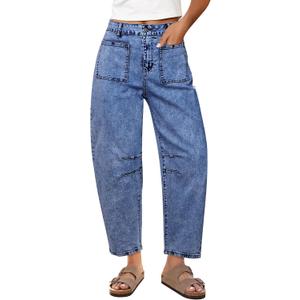 GRAPENT Barrel Jeans for Women Trendy Cropped High Waisted Patch Pocket Baggy Stretch Denim Pants Casual Wide Leg Jeans, Midnight Blue X-Large US Size 16-18