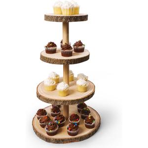 Wooden 4 Tier Rustic Cupcake Stand, Great for Wedding Cake Wood Display Tiered Centerpiece, Dessert Tower for Parties & Events