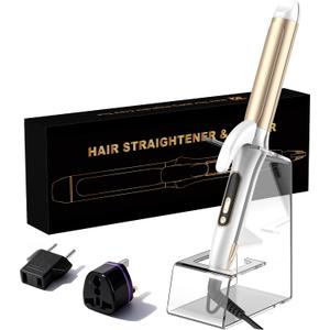 2 in 1 Curler and Straightener Travel Dual Voltage Curling Iron 1.25 Inch Normal Size Hair Curler Ceramic with EU/UK Plug Adapter for Travel Curling Wand Adjustable Temperature and Anti-Tangle