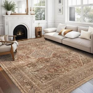 vivorug 9x12 Area Rugs for Living Room, Non Slip Machine Washable Vintage Rug, Ultra-Thin Lightweight Large Area Rug for Bedroom, Dining Room, Low Pile Rug Earth Tone
