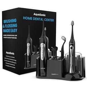 AquaSonic Home Dental Center Rechargeable Power Toothbrush & Smart Water Flosser  Complete Family Oral Care System  10 Attachments and Tips Included  Various Modes & Timers (Black)