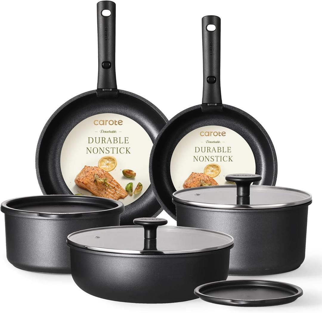 CAROTE Pots and Pans Set Non Stick, Cookware Set Detachable Handle, Nonstick Induction Kitchen Sets Non Stick with Removable Handle, RV Cook Ware, Oven Safe, Black (11 pcs Granite Set, Ebony black)
