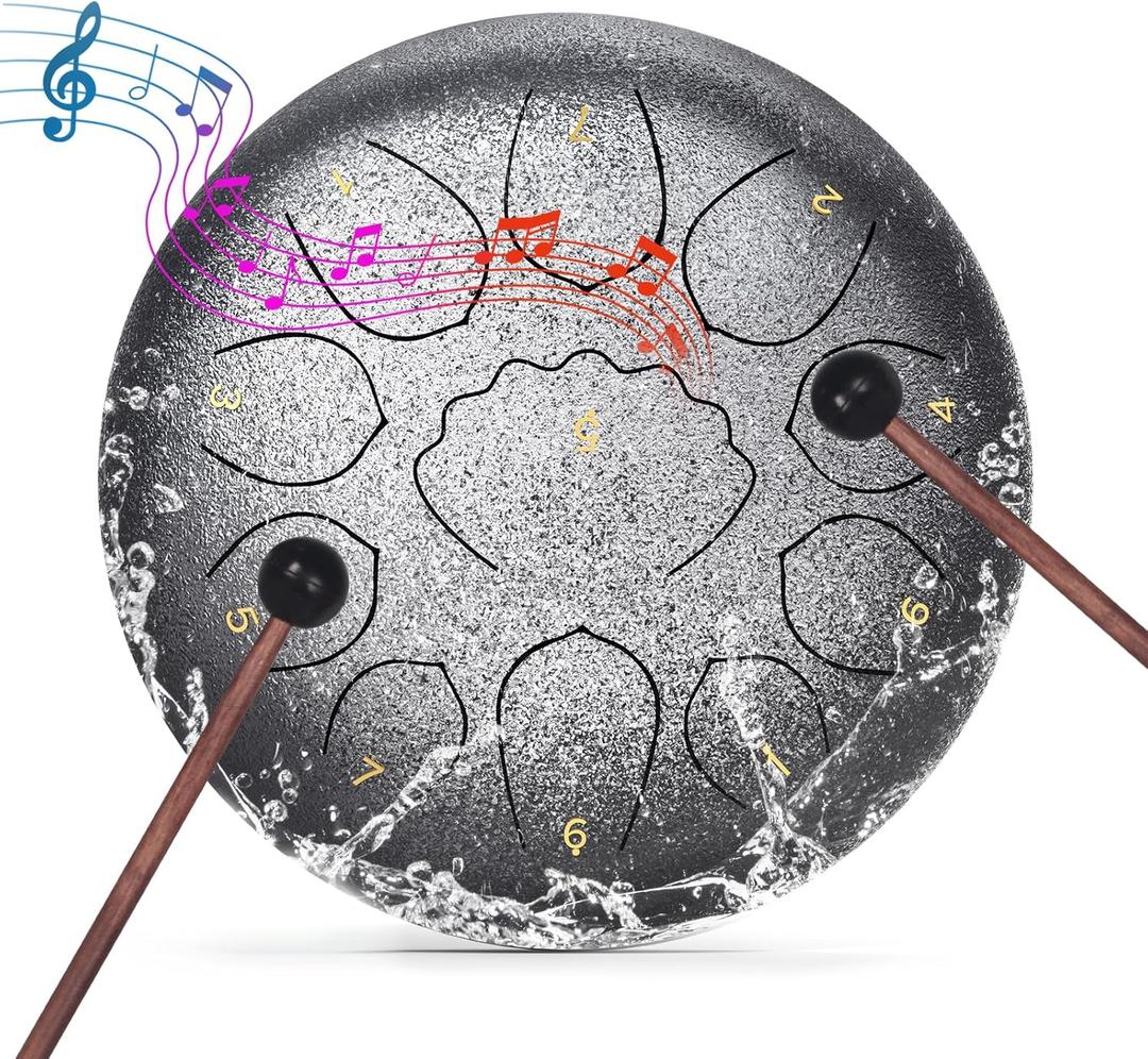 Professional Steel Tongue Drum for Adults & Kids - 8 inch Hand Percussion Instrument Rain Drum with 11 Notes for Yoga, Meditation, Music Therapy & Concerts Play (Silver, 8 Inch