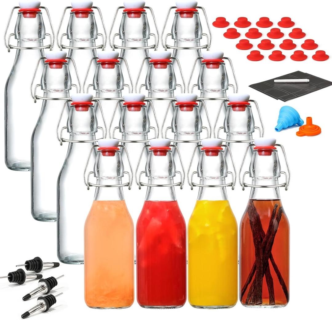 16 Pack 8.5oz Flip Top Glass Bottles, Swing Top Beer Brewing Bottle for 2nd Fermentation, Kombucha, Kefir, Vanilla Extract, Coquito, Juice, Tea - Airtight Stopper Cap Lid, Bonus 4 Bottle Pourers