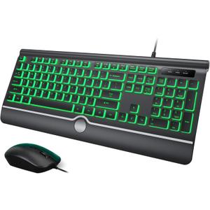 Wired Keyboard and Mouse Combo, Backlit Computer Keyboards with Wrist Rest, Light Up Keyboard Easy to See, 7-Color Backlit Keyboard and Optical Mouse for Windows, PC, Laptop, USB Plug and Play