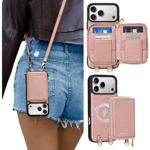 ORNARTO Magnetic Detachable Wallet Case for iPhone 17 Pro, [Compatible with MagSafe], Crossbody Wallet Case with Card Holder Wrist Strap, RFID Blocking PU Leather Wallet Phone Cover 6.3", Pink