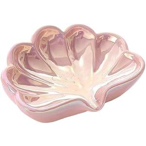 Multi-Functional Shell Soap Dish Bathroom Drain Soap Bar Holder Ceramic Box Tray Elegance Seashell Shape Jewelry Plate (Pink)
