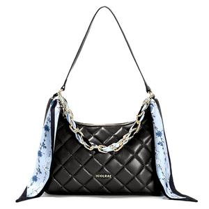 ICOLRAE Quilted Shoulder Bag for Women Faux Leather Cute Hobo Handbags with Zipper Mini Clutch Purse Trendy Y2K (Black)