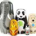 Moonmo 5pcs Handmade Wooden Animal Nesting Dolls - Elephant & Panda, Traditional Russian Matryoshka Gift