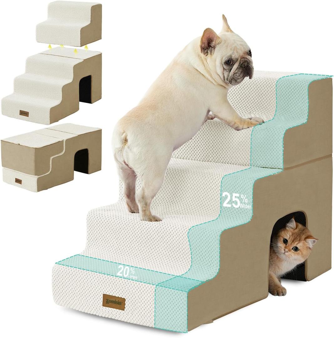 Dog Steps for High Beds - 5 Step 24" H Pet Stairs with Tunnel 2 in 1 with Zippers Suitable for Small Dogs and Cats, Indoor Cat Ladders with Non-Slip Bottom, Beige