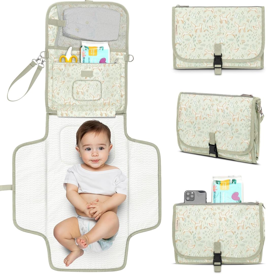 KeaBabies Portable Diaper Changing Pad, Travel, Car - Large Waterproof Baby Changing Mat, Wipeable, Padded, On The Go Travel Diaper Clutch Bag, Easy to Use Pockets for Newborn Essentials (Fox Vale)