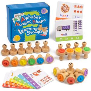 Alphabet Number Stamps for Kids, Wooden ABC Spelling Letter Stampers Set with Flashcard Mathematics Learning Number Stampers Arts & Crafts Supplies, Montessori Toy Gifts for 3 4 5 Year Old