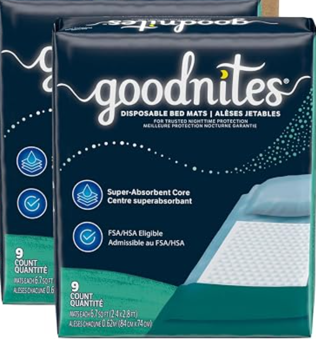 Goodnites Disposable Bed Pads/Bed Mats for Bedwetting, 2.4 x 2.8 ft, 18 count