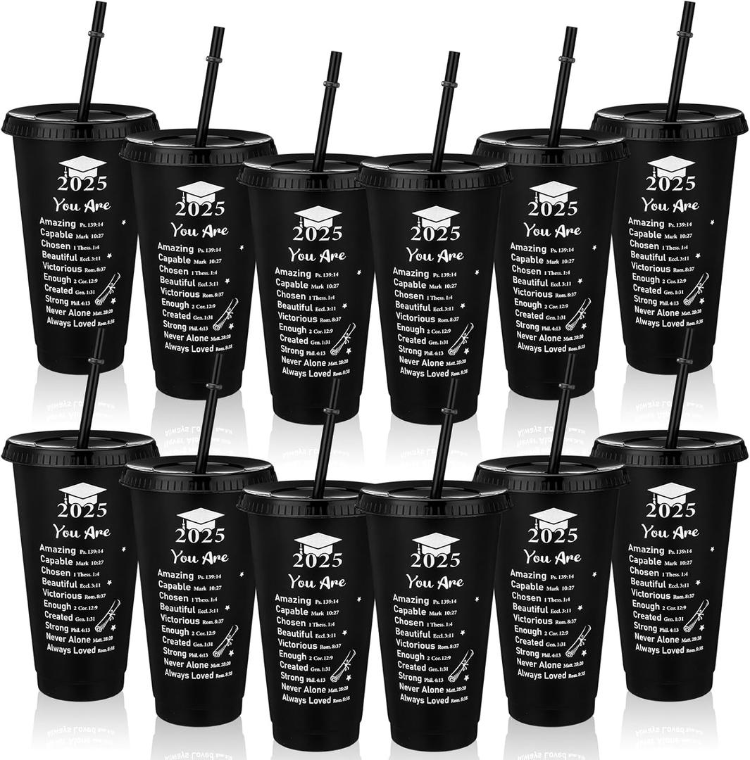 Skylety 12 Pcs 2025 Graduation Christian Tumblers 24 oz Grads Plastic Cups Bulk with Lids and Straws Senior Night Gifts Graduation Cups Class of 2025 Gifts for Women Men Black