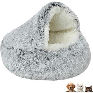 Cat Bed Round Fluffy Hooded Cat Bed Cave, AntiAnxiety Cave Bed with Hooded Blanket, Cozy Cuddler Luxury Puppy Pet Bed, AntiSlip Bottom and Machine Washable (Grey, Large)