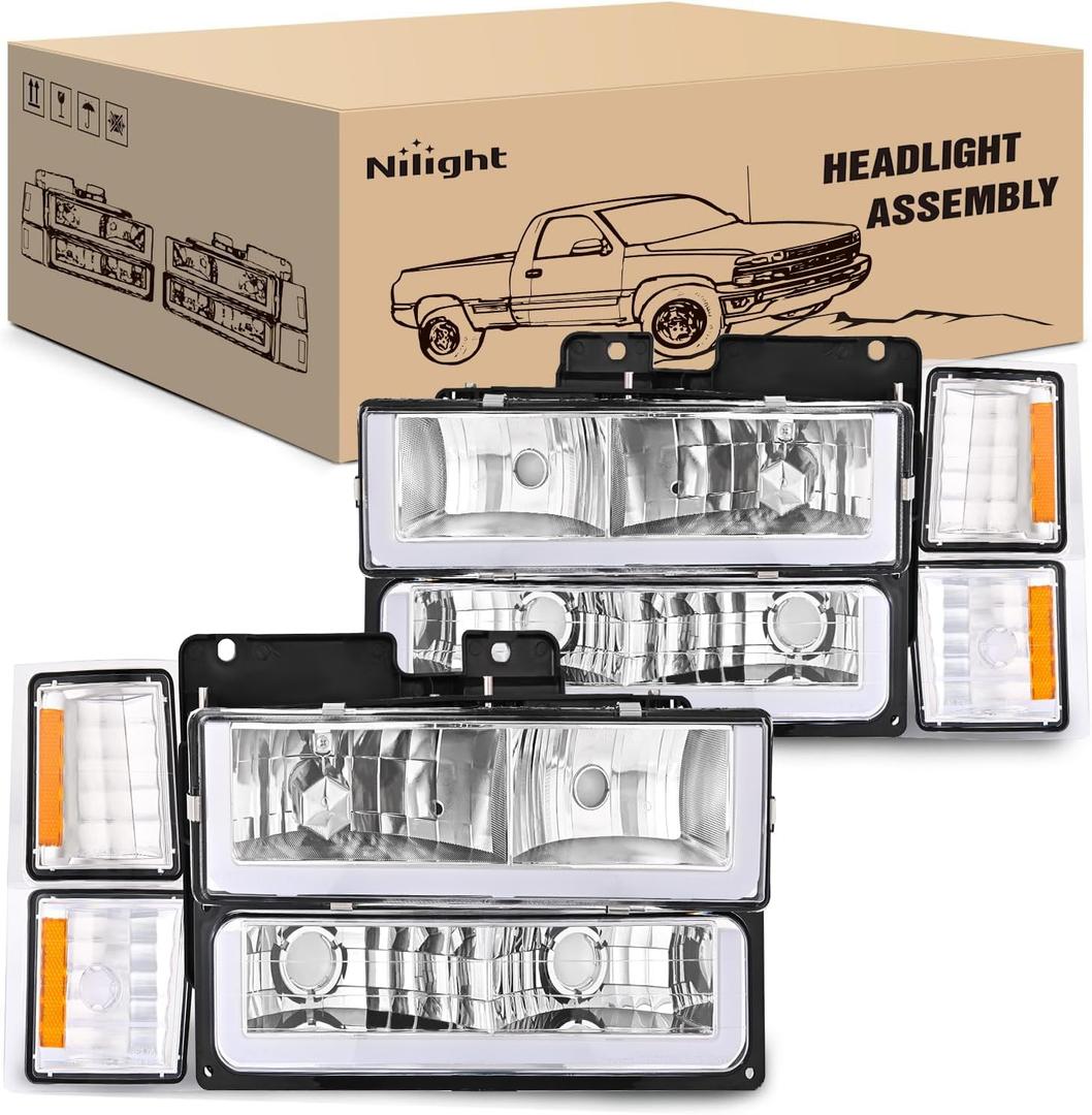 Nilight Headlights Assembly Led DRL for Chevy Silverado 1500 2500 3500 1994 1995 1996 1997 1998,1994-1998 Tahoe / C10 / CK/Suburban,(Side Maker Light Not for GMC Yukon) (Chrome+ Amber Reflector)