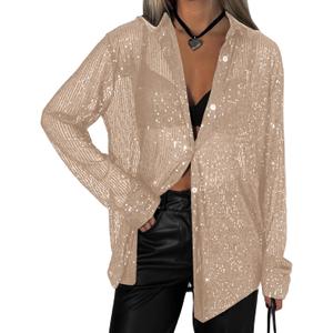 AMPOSSTO Womens Sequins Long Sleeve Collared Shirt Button Down Open Front Shirt Loose Blouses Shirst Tops (M)