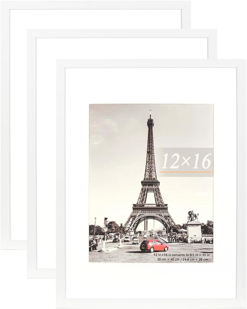 kennethan 12x16 Picture Frame White 3 Pcs in 1 set 12x16 Frame can Display 8.5x11 inch Picture with Mat or 12x16 inch Picture Without Mat on the Wall