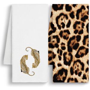 Funky Leopard Hand Towels for Girls Bathroom Dorm, Cheetah Leopard Print Bathroom Decor, Trendy Modern Cheetah Print Decorative Kitchen Dish Tea Towels, 16x24 Inch Set of 2