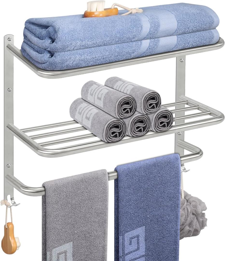 NearMoon Bathroom Towel Rack, 3-Tier Towel Holder with Hooks, SUS304 Stainless Steel Towel Hanger, Wall Mounted Towel Shelf Storage, Bathroom Accessories (22 Inch, Brushed Nickel)