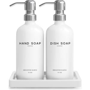 White Glass Hand and Dish Soap Dispenser Set by Brighter Barns - Kitchen Soap Dispenser Set with Tray & Pump for Office, Hotel, Vacation Rental, Airbnb - Modern Kitchen Decor & Accessories (White) (Silver Hd)