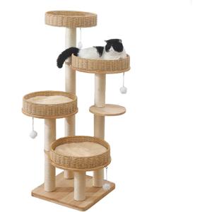 Modern Cat Tree for Indoor Cats Large Adult, 54''Tall Cat Tower with Scratching Post, Wood Cat Tree for Large Cats with Multi-Levels, 4 Weaving Washable Handwoven Rattan Cat Condo