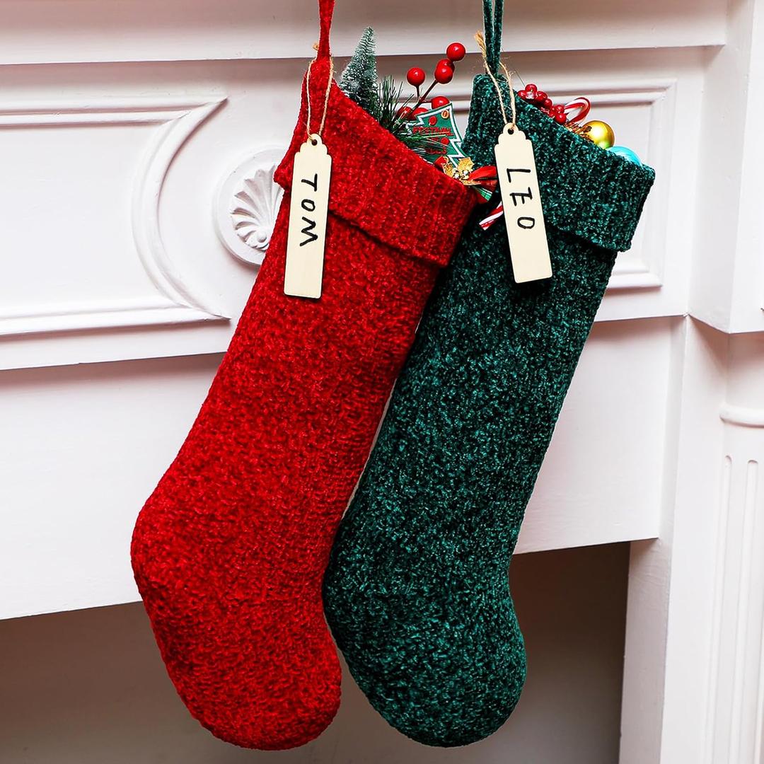 2 Pcs 21 Inch Personalized Christmas Stockings Large Velvet Knitted Jumbo Hanging Stocking with Wooden Name Tag Family Decoration for Xmas Tree Mantels Fireplace Party Supplies(Red, Green)