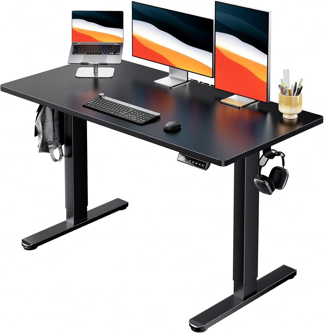 HUANUO Electric Standing Desk, Whole Piece Desktop, Adjustable Height Computer Desks, 4 Height Memory Settings, Sit Stand Up Desk for Home Office, 48" x 24", Black
