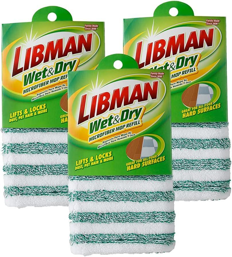 Libman Wet & Dry Microfiber Mop Refills | Dust Mop for Hardwood Floors | Wall Mop | Mops for Floor Cleaning | 3 Total Microfiber Mop Pads Included