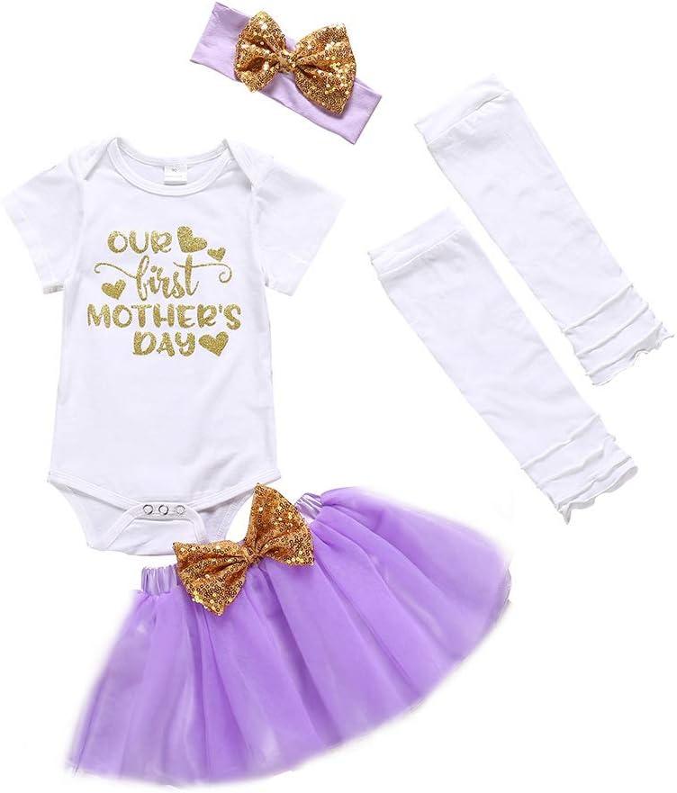 XFGLCK Newborn Infant Baby Girl My 1st Mother's Day Skirt Set Romper+Tutu Pink Dot Skirt+Headband+Legging Warmer 4Pcs, size 100