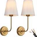 Passica Decor Hardwired Wall Sconces Set of 2 Pack Antique Brass Vintage Industrial Wall Lamp Light Fixture with Flared White Fabric Shade for Living Room Bedrooms Bedside Reading Fireplace Farmhouse (Antique Brass,White)