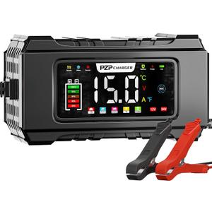 PZP 15-Amp 12V/24V Smart Battery Charger, Maintainer & Trickle Charger for LiFePO4, Lead Acid Batteries - Fully Automatic 9-Stage Charging w/Temp Compensation for Motorcycle Car Truck Lawnmower Boat (Black)