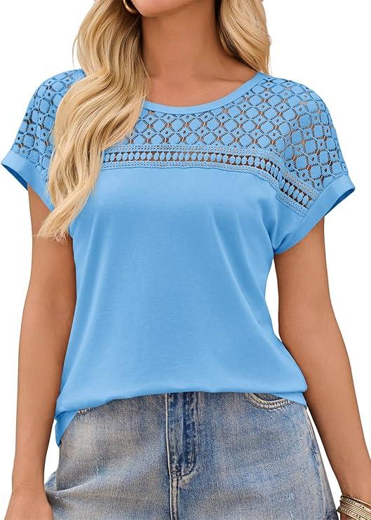 Imily Bela Womens Summer Tops Dressy Casual Short Sleeve Lace Trendy Shirts Crewneck T Shirt Hollow Out Loose Blouses, Light Blue, Medium