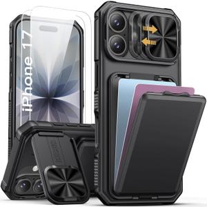 SSLOTSCASE for iPhone 17 Case with 2X Screen Protector, Credit Card Holder & Kickstand & Slide Camera Lens Cover & Camera Stand, Military-Grade Protection Heavy Duty Case Cover for iPhone 17, Black