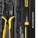 Professional ratcheting crimping tool with ergonomic non-slip handles, designed for precise and secure crimping. Includes a plastic storage case for easy organization and transport. Compatible con JST, KF2510, AMP, Dupont, RC Servos y Futaba.