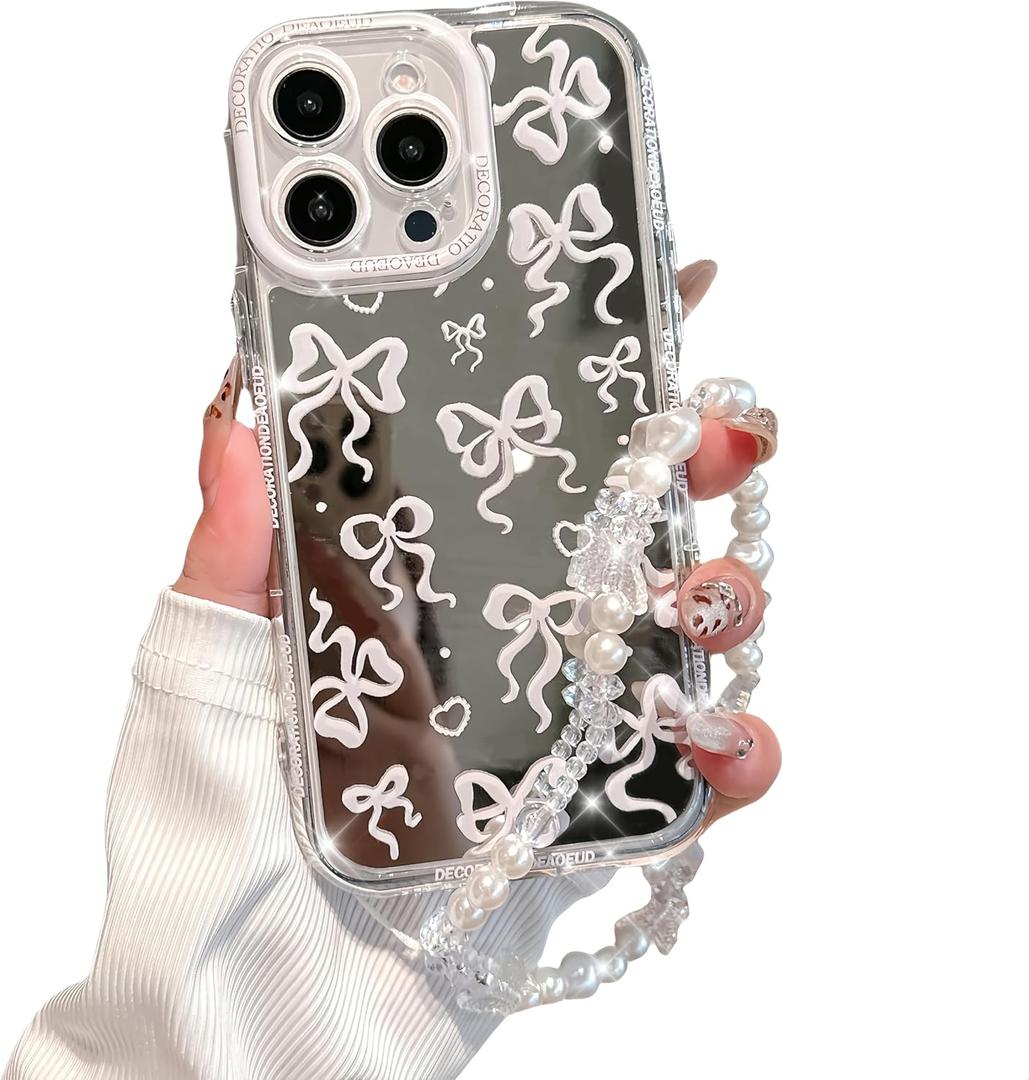 for iPhone 12 Pro Case, [White Bow Pattern][Shiny Mirror Case][2-in-1 with Beaded Wrist Strap] Soft TPU Frame, Shockproof and Anti-Shock, Suitable for Women & Girls