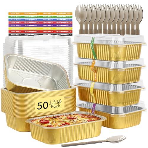 LNYZQUS 50 Pack 1.5lb Small Foil Pans with Lids, 7” x 5” Individual Baking Tins Leftover Containers,24oz Aluminum To Go Baked Food Containers Large Loaf Cake Pans Take Out Holders-Gold